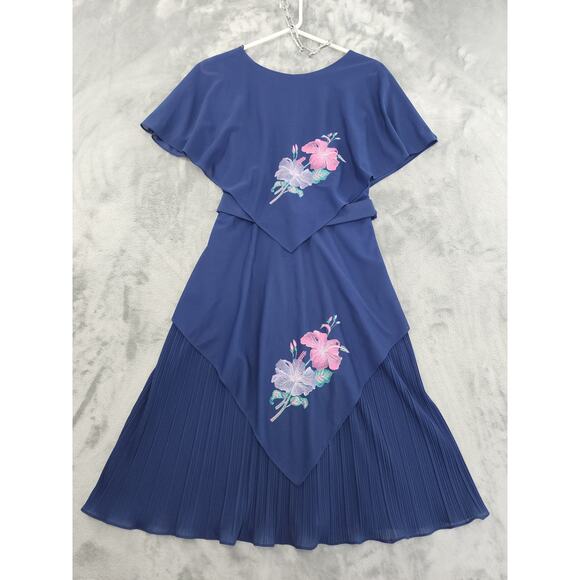 Vintage 80s Gilberti Chiffon Caped Belted Pleated Dress 10 Blue Floral Hawaiian - Picture 1 of 9